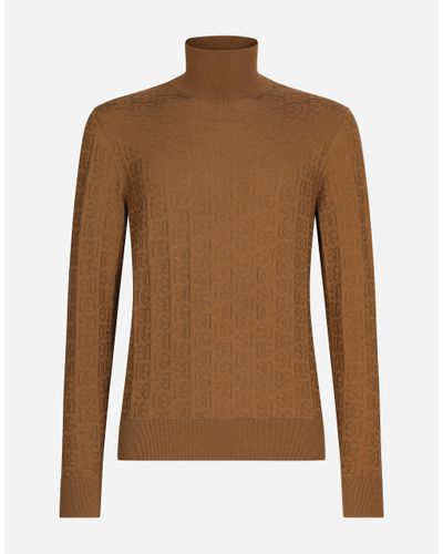 Dolce & Gabbana Silk Jacquard Turtleneck Sweater With Dg Logo - Brown