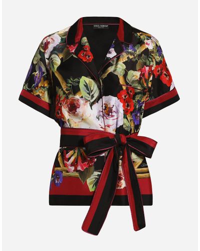 Dolce & Gabbana Twill Pyjama Shirt With Rose Garden - Red