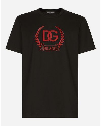 Dolce & Gabbana T-Shirt Aus Baumwolle Mit Logostickerei Dg Milano - Schwarz