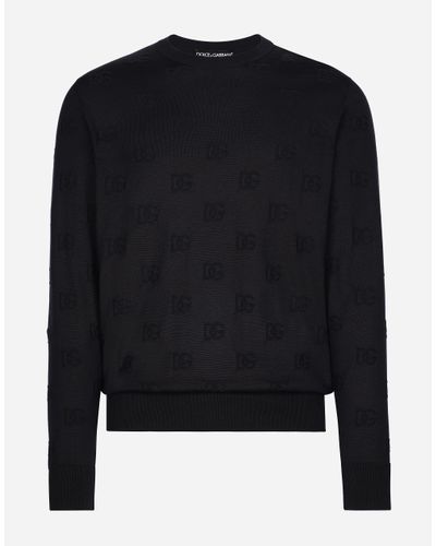 Dolce & Gabbana Silk Round-Neck Sweater With All-Over Dg Inlay - Black