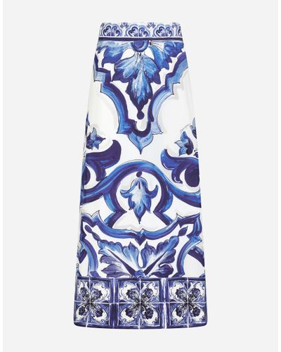 Dolce & Gabbana Majolica-Print Charmeuse Calf-Length Skirt With Slit - Blue