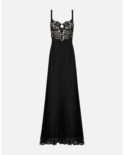 Dolce & Gabbana Long Silk Chiffon Dress With Lace Body - Black