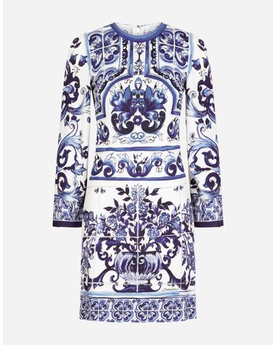 Dolce & Gabbana Kurzes Kleid Aus Organsin Majolika-Print - Blau