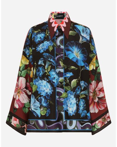 Dolce & Gabbana Oversize Silk Shirt With Floral - Blue