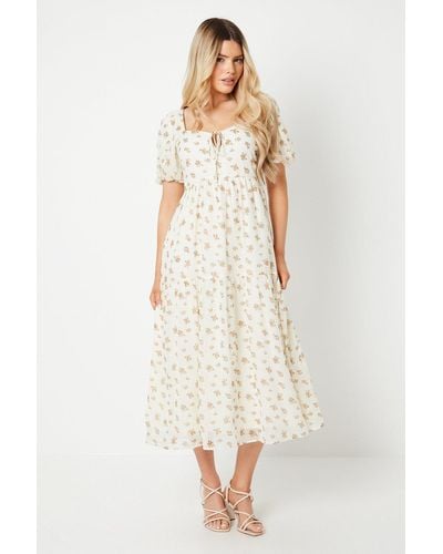 Dorothy Perkins Floral Tie Front Chiffon Tiered Midi Dress - White