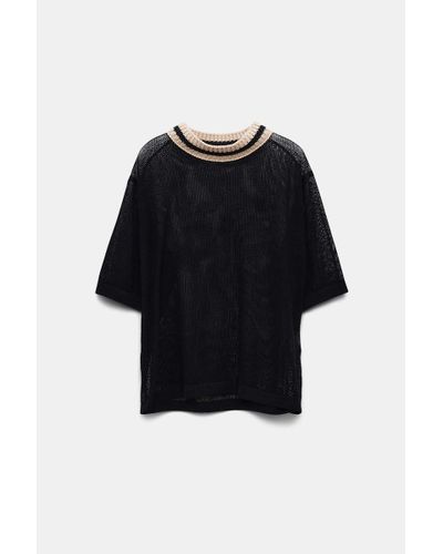 Dorothee Schumacher Sheer Knit Cotton Mesh Top With Contrast Trim - Black