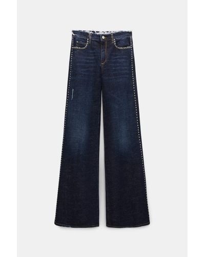 Dorothee Schumacher Studded Wide Leg Jeans With Frayed Waistband - Blue