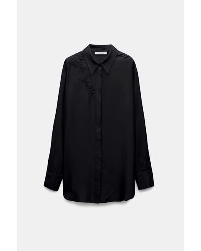 Dorothee Schumacher Silk Twill Shirt With Asymmetric Lace Inserts On One Shoulder And Sleeve - Black