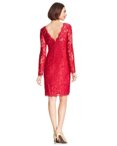 Adrianna Papell Long-sleeve Illusion Lace Sheath in Ruby (Red) | Lyst