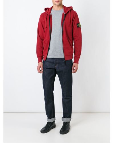 Stone Island Zipped Hoodie in Red for Men - Lyst