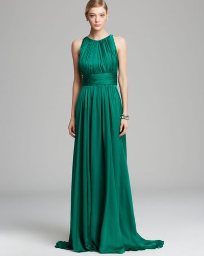 Badgley Mischka Gown - Sleeveless Draped Satin in Emerald (Green) - Lyst