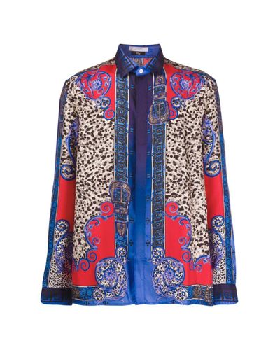 Versace Silk Leopard Print Shirt in Blue for Men - Lyst
