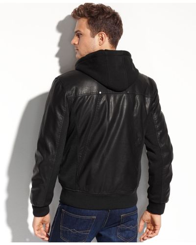 guess men's leather jacket with hood