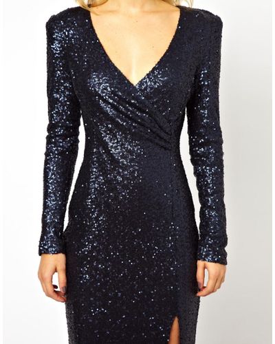 navy sequin split maxi dress