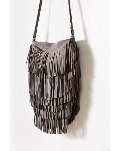 Ecote Suede Layered Fringe Crossbody Bag in Grey (Gray) - Lyst