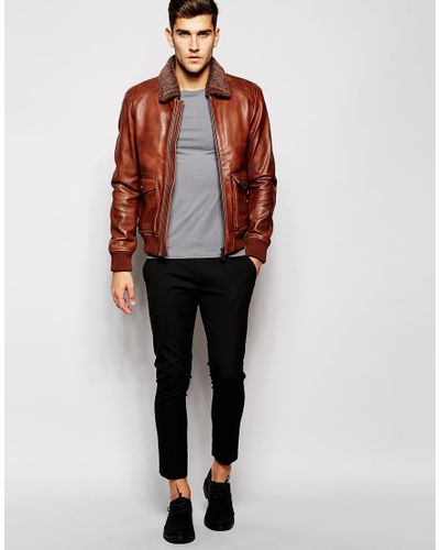 Esprit Leather Flight Jacket With Sherpa Collar in Brown for Men - Lyst