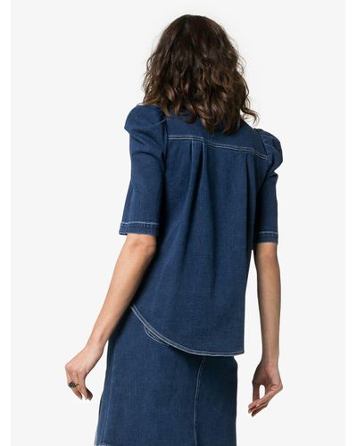 See By Chloé Cotton Button Down Puff Sleeve Denim Blouse in Blue 