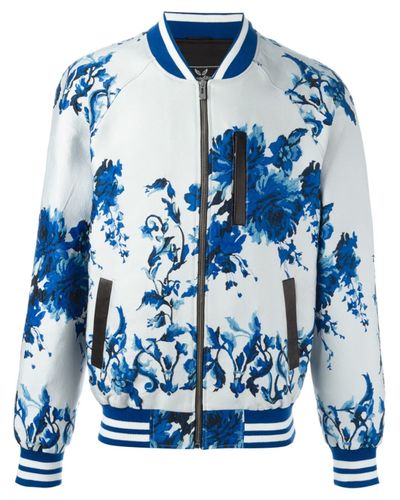 blue floral bomber jacket