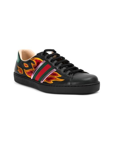 Gucci Leather Ace Flame Sneakers in Black for Men - Lyst