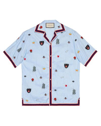 Camisa bowling con bordado Gucci de Algodón de color Azul para hombre | Lyst