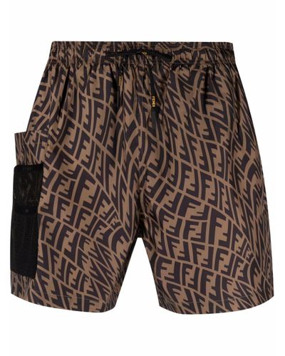 Fendi Cotton Ff Monogram Print Swim Shorts in Brown for Men - Lyst