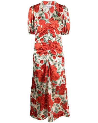 Ganni Silk Floral-print Ruched Dress in Red - Lyst