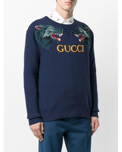 Gucci Cotton Wolf Head Appliqué Sweatshirt in Blue for Men | Lyst
