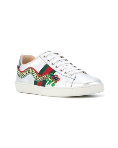 Gucci Leather Ace Dragon Embroidered Sneakers in Metallic | Lyst Australia