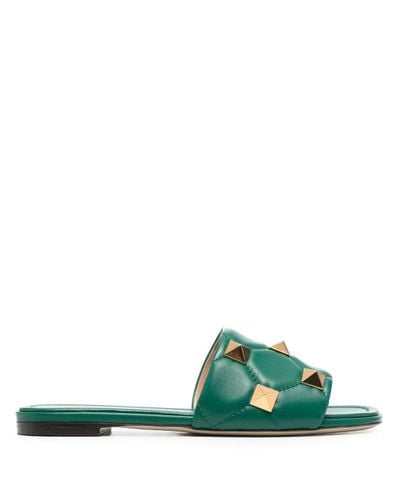 Valentino Garavani Leather Roman Stud Flat Sandals in Green - Lyst