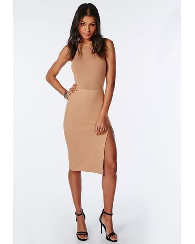 Missguided Thigh High Split Scuba Midi Skirt Camel in ...