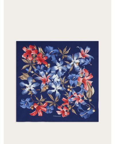 Ferragamo Hibiscus Print Silk Foulard - Blue
