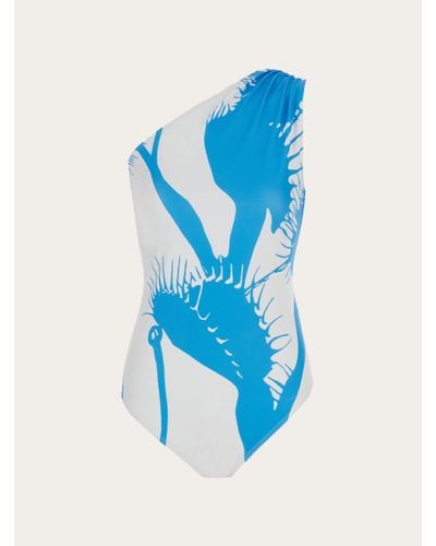 Ferragamo Women Venus Print One Shoulder Swimsuit - Blue