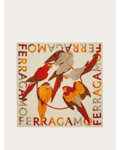 Ferragamo Femmes Foulard En Soie Imprimé Perroquet Blanc - Orange