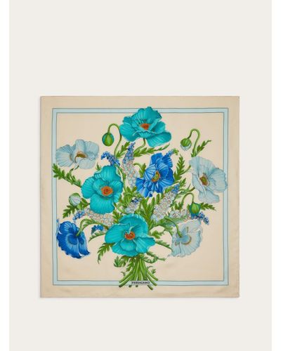 Ferragamo Damen Halstuch aus reiner Seide Mohnblumen-Print - Blau