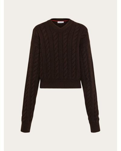 Ferragamo Women Cable Knit V-neck Sweater - Black
