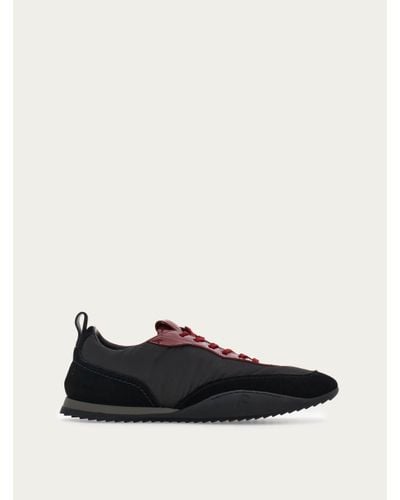 Ferragamo Men Sneaker With Patent Leather Trim - Black