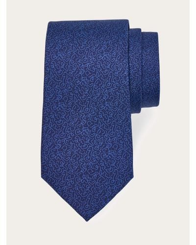 Ferragamo Men Embroidered Print Silk Tie - Blue
