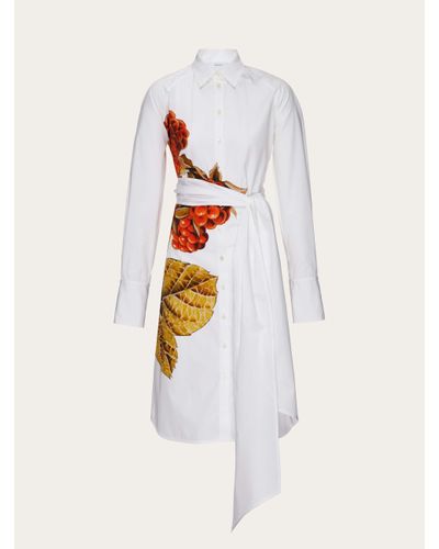Ferragamo Damen Hemdblusenkleid mit Botanik-Print - Weiß