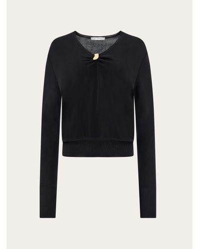 Ferragamo V-Neck Sweater With Golden Clip - Black