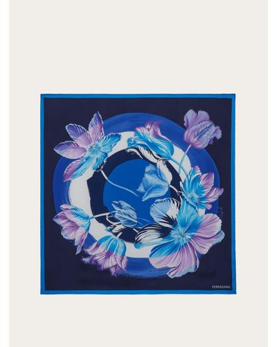Ferragamo Femmes Foulard En Soie Imprimé Tulipes Bleu