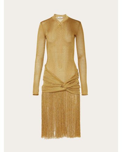 Ferragamo Midi Lurex Dress With Fringed Skirt - Metallic