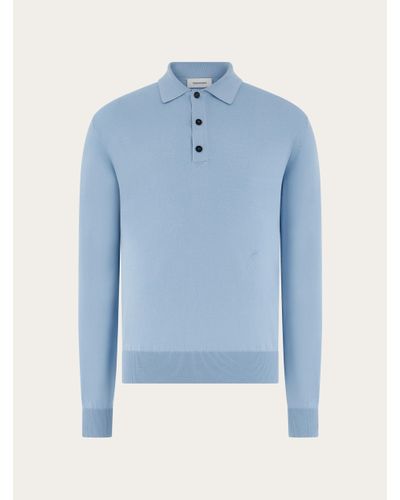 Ferragamo Long Sleeved Silk Blend Polo Shirt - Blue