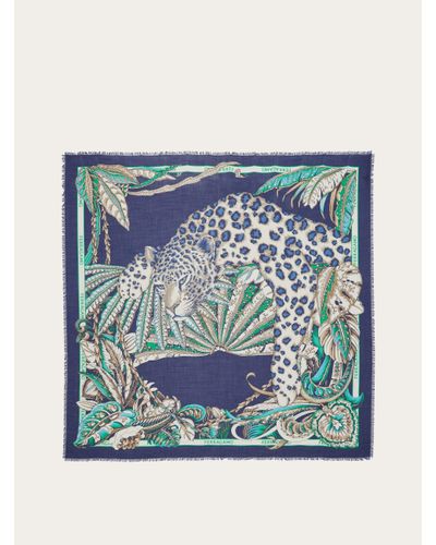 Ferragamo Damen Schultertuch Aus Kaschmir Dschungel-Print - Blau