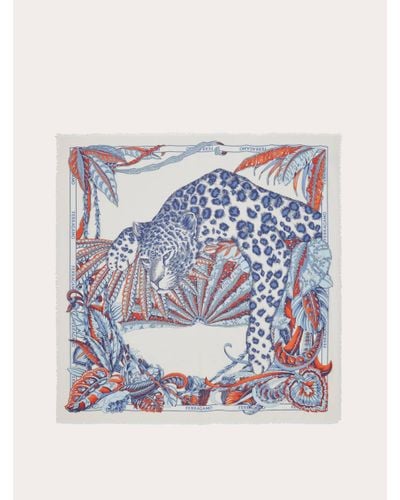 Ferragamo Damen Schultertuch Aus Kaschmir Dschungel-Print Weiß - Blau