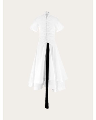 Ferragamo Short Sleeved Dress With Front Tassel - Natural