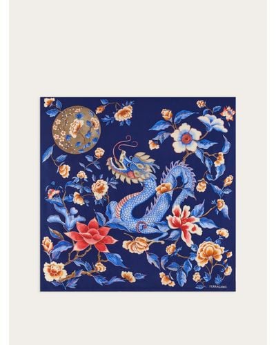 Ferragamo Dragon Print Silk Foulard - Blue
