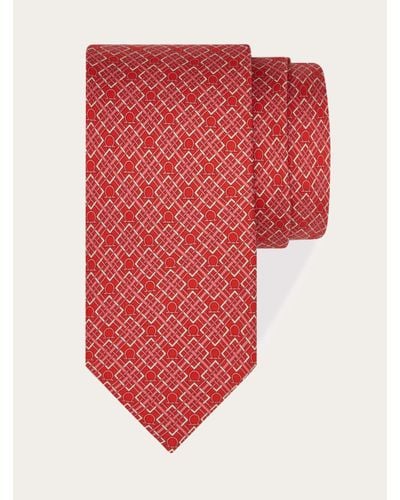 Ferragamo Check Gancini Print Silk Tie - Red