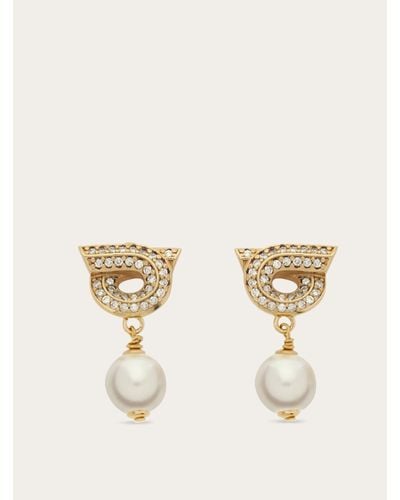 Ferragamo Gancini Earrings With Pearls And Crystals - Natural