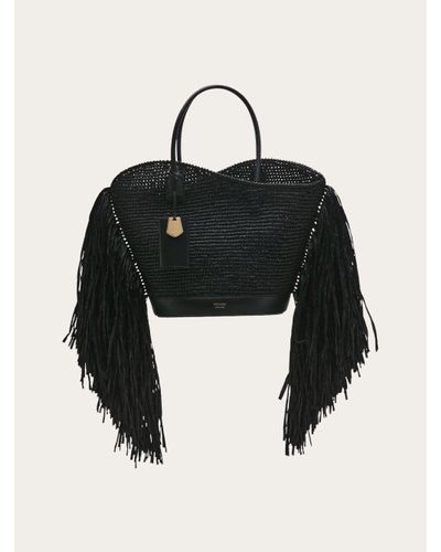 Ferragamo Tote Bag With Cut-out And Fringes - Black