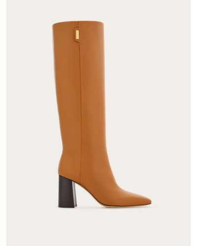 Ferragamo Knee High Boot With Golden Tab - White